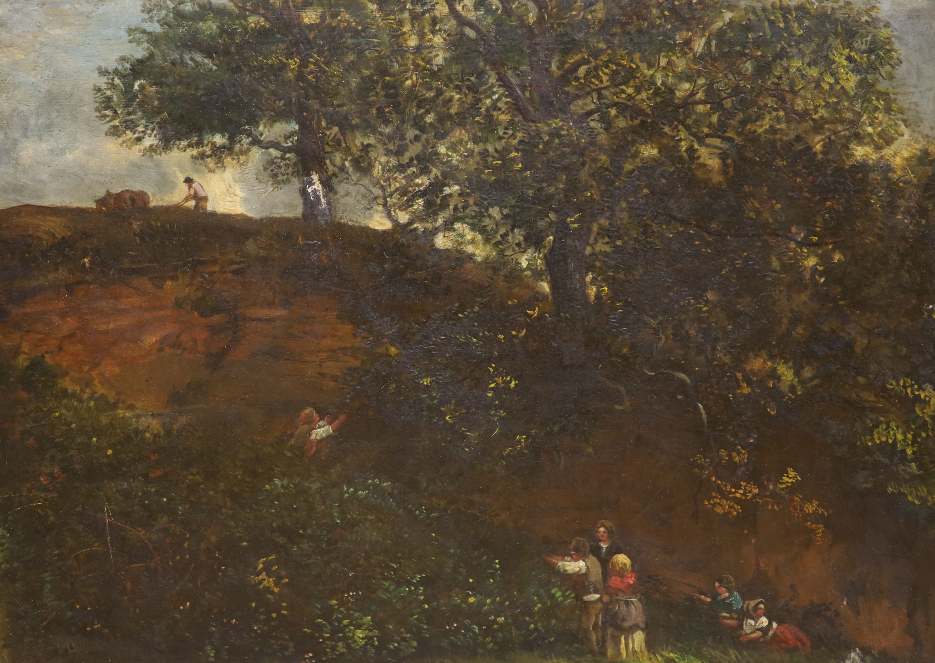 Victorian School, oil on canvas, Figures picking fruit in a landscape, indistinct label verso, 48 x 65cm, unframed